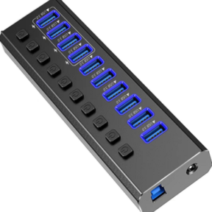 מפצל USB3.0 אלומיניום 10 פורט, מתוכם 4 להטענה מהירה, כולל ספק כוח