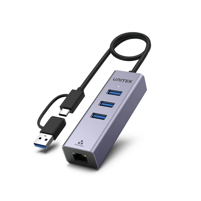 מפצל בחיבור USB עם כניסת USB/USB-C ורשת UNITEK Y-3088B