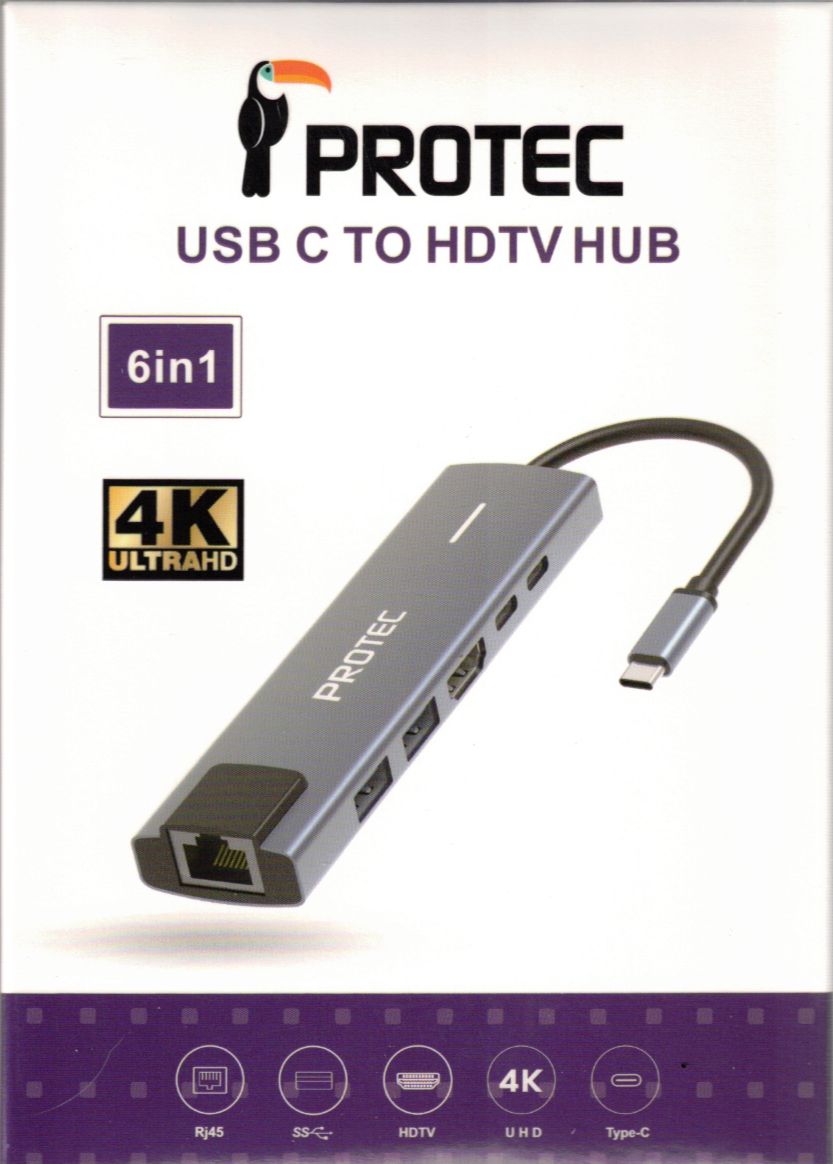 מפצל מולטיפורט 6 ב-1 עם רשת תצוגה וטעינה PROTEC DM286