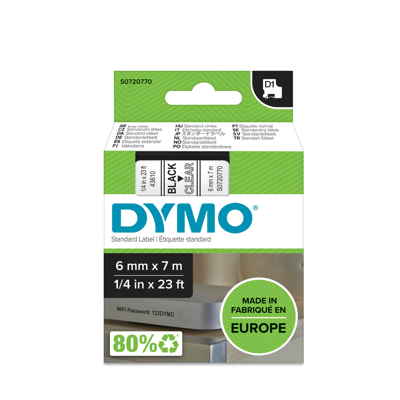סרט D1 למכשירי תוויות DYMO – רוחב 6 מ"מ – שחור על גבי שקוף