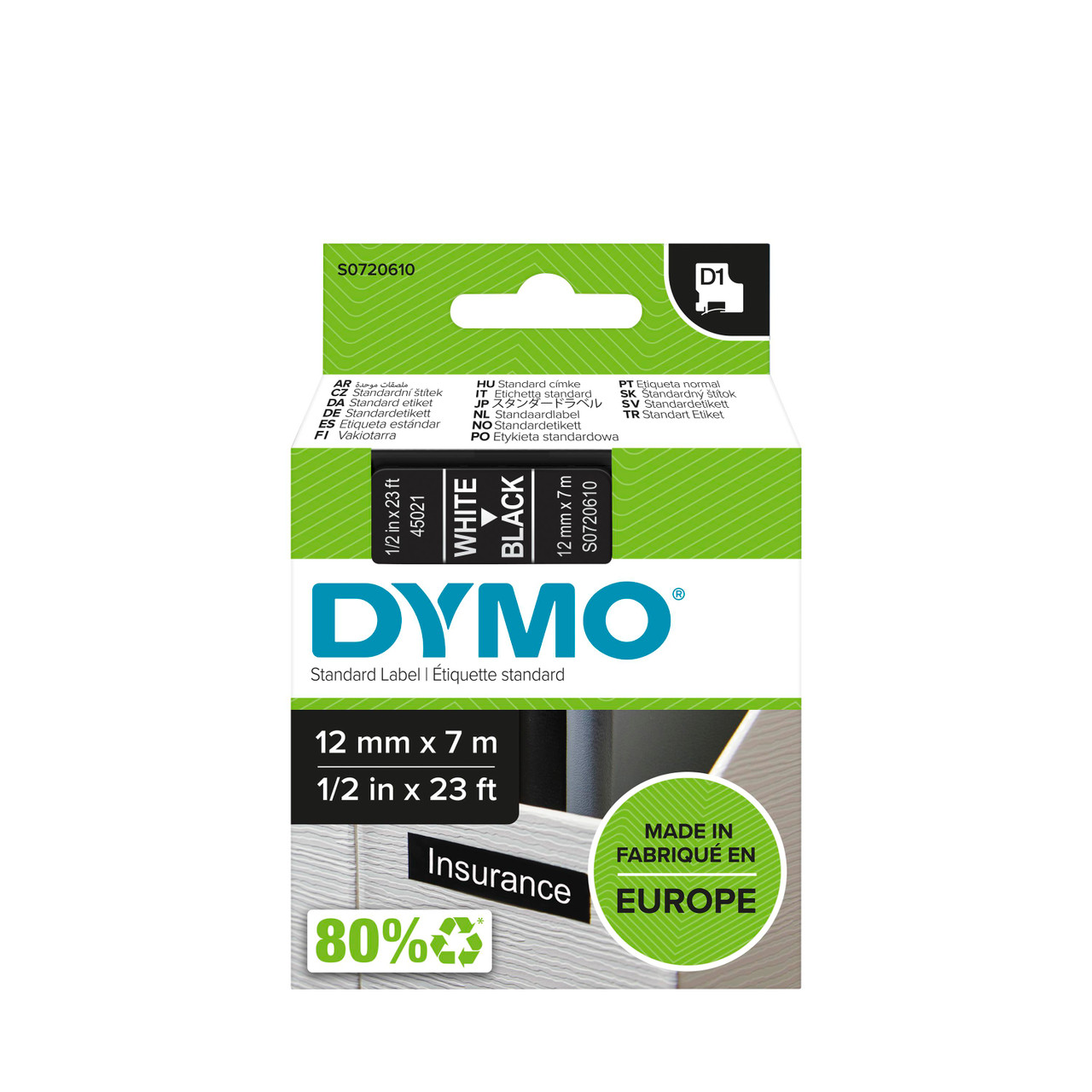סרט D1 למכשירי תוויות DYMO – רוחב 12 מ"מ – לבן על גבי שחור
