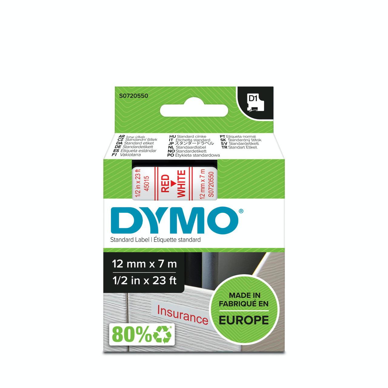 סרט D1 למכשירי תוויות DYMO – רוחב 12 מ"מ – אדום על גבי לבן