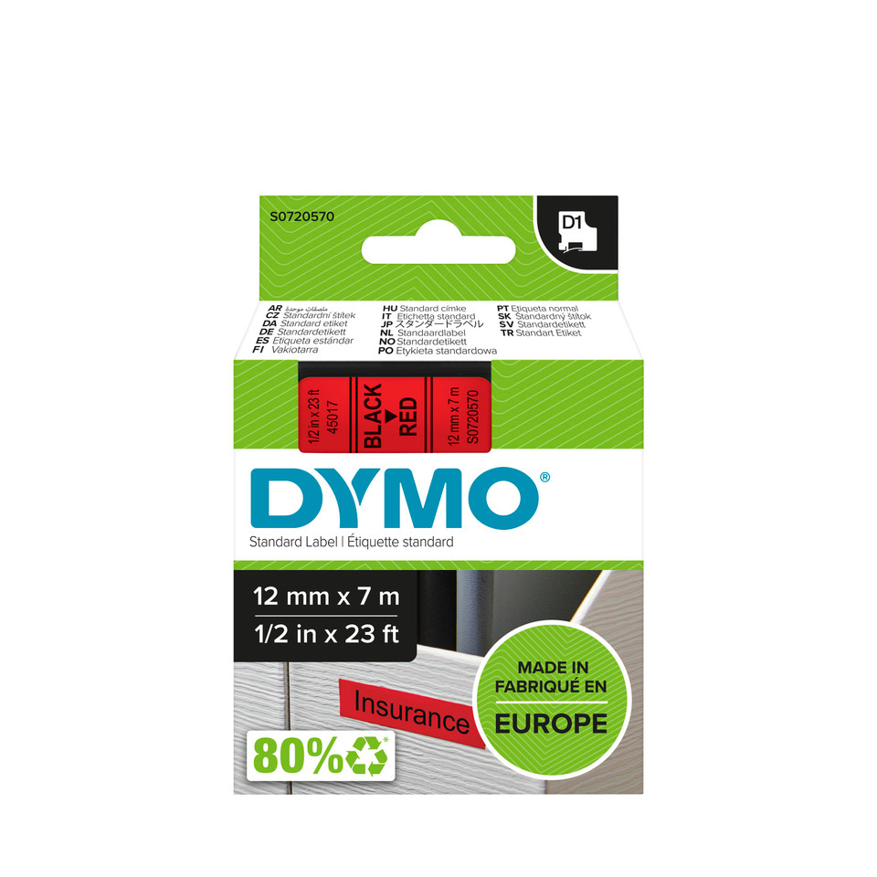 סרט D1 למכשירי תוויות DYMO – רוחב 12 מ"מ – שחור על גבי אדום