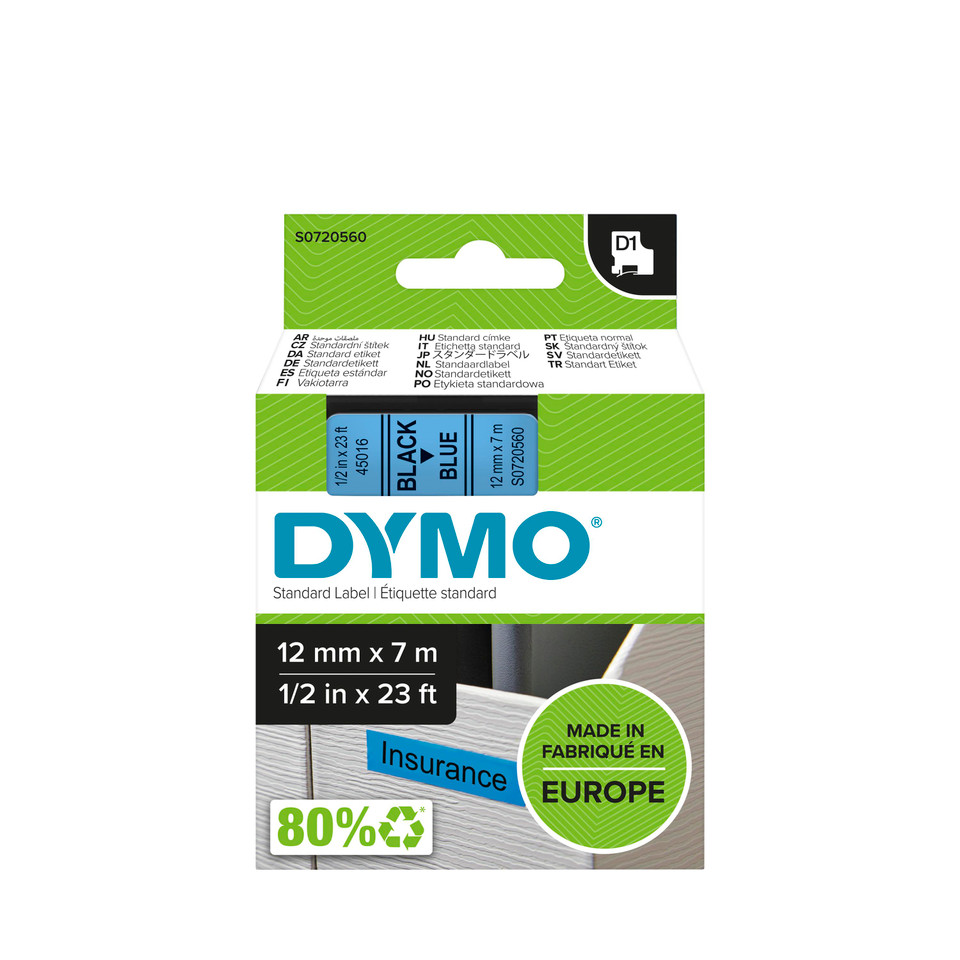 סרט D1 למכשירי תוויות DYMO – רוחב 9 מ"מ – שחור על גבי כחול