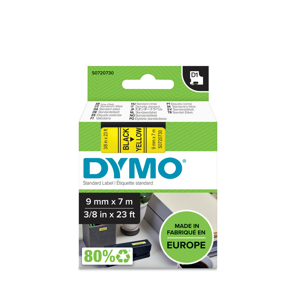 סרט D1 למכשירי תוויות DYMO – רוחב 9 מ"מ – שחור על גבי צהוב