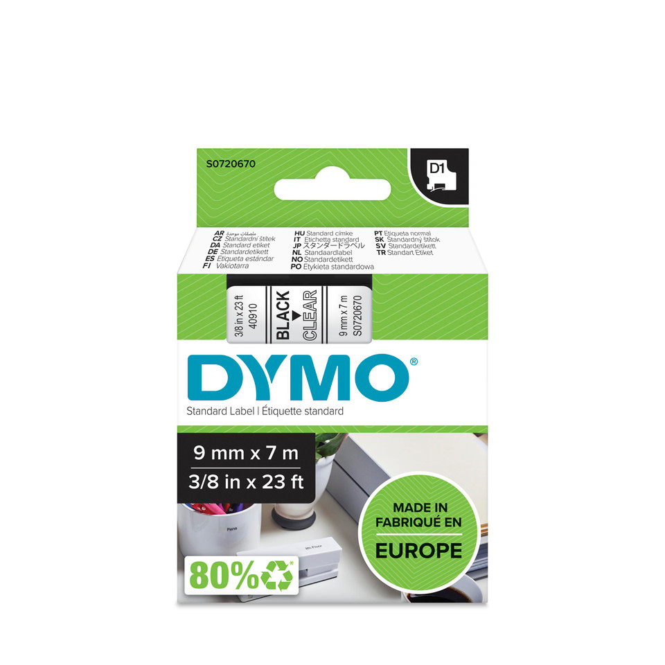 סרט D1 למכשירי תוויות DYMO – רוחב 9 מ"מ – שחור על גבי שקוף