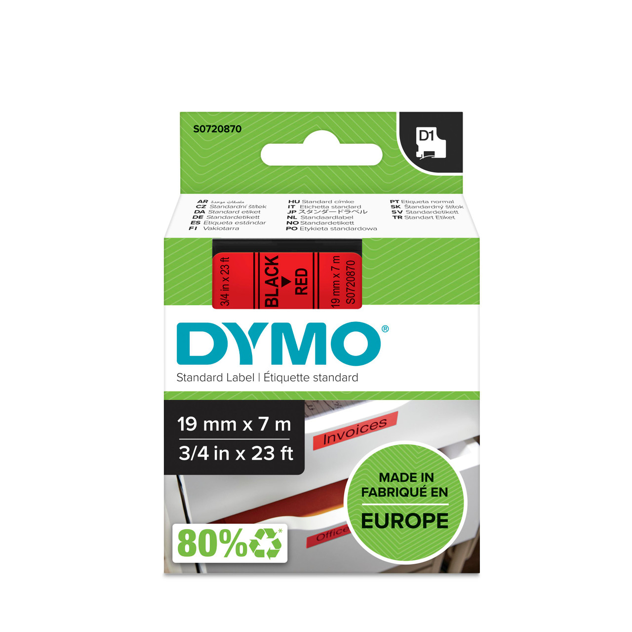 סרט D1 למכשירי תוויות DYMO – רוחב 19 מ"מ – שחור על גבי אדום