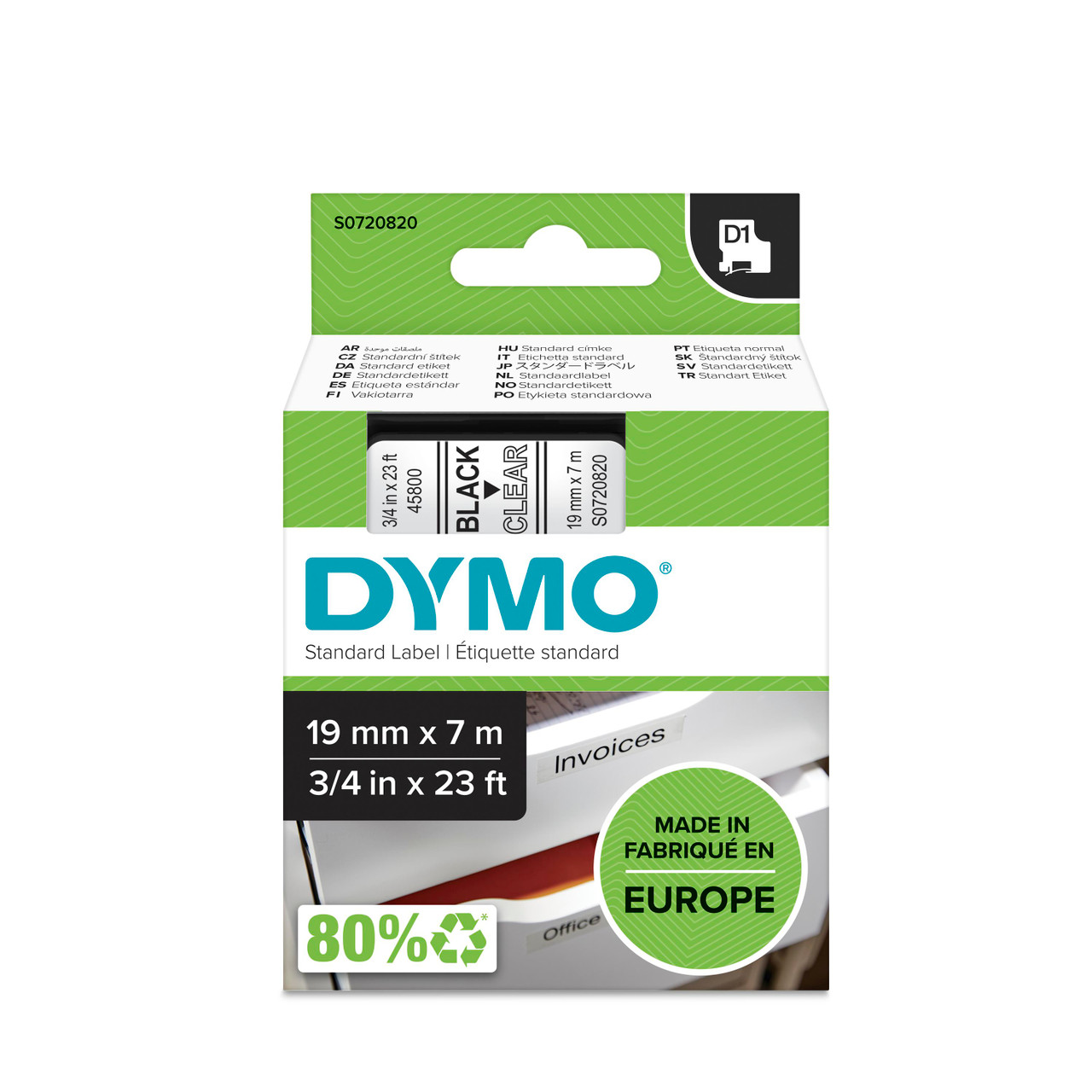 סרט D1 למכשירי תוויות DYMO – רוחב 19 מ"מ – שחור על גבי שקוף