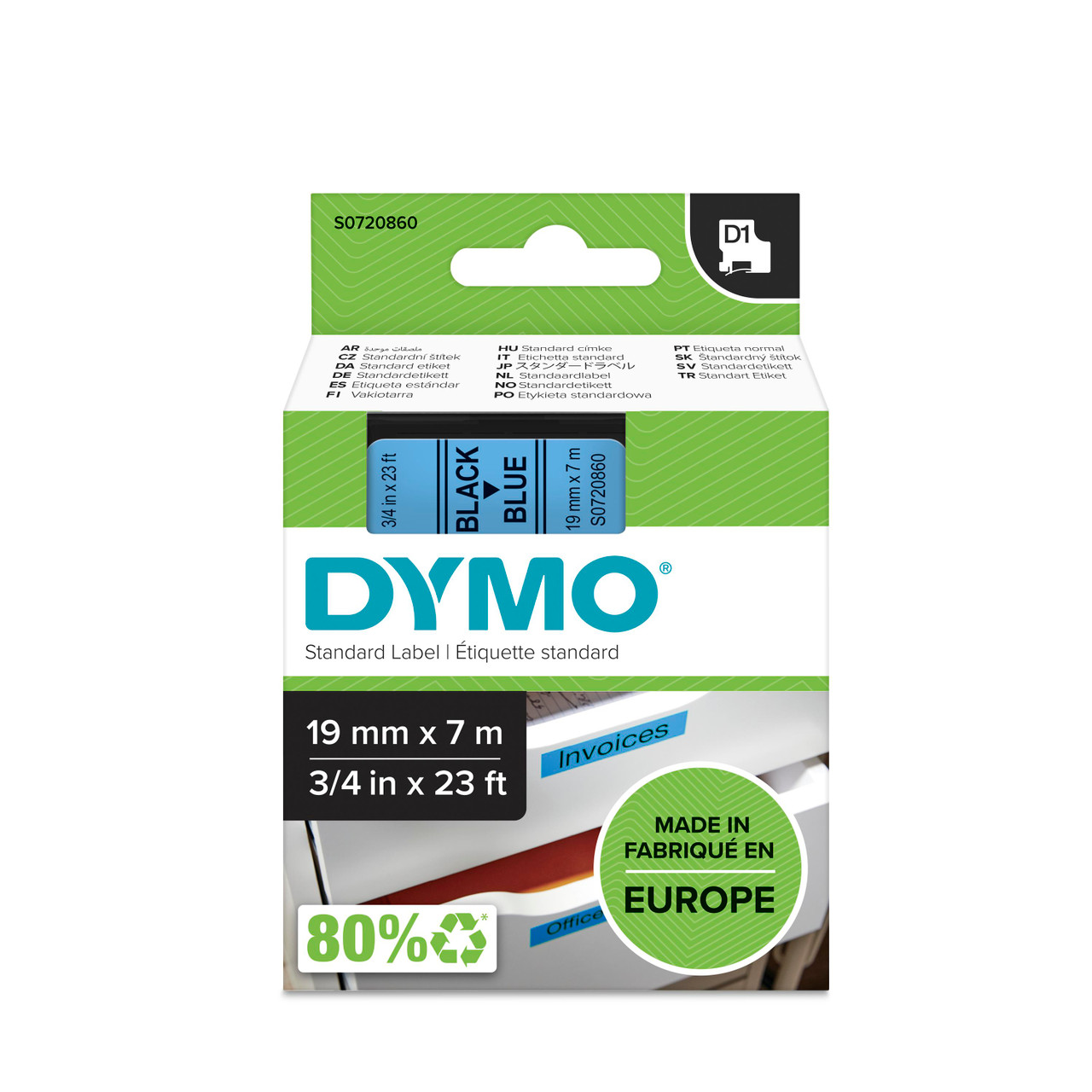 סרט D1 למכשירי תוויות DYMO – רוחב 19 מ"מ – שחור על גבי כחול