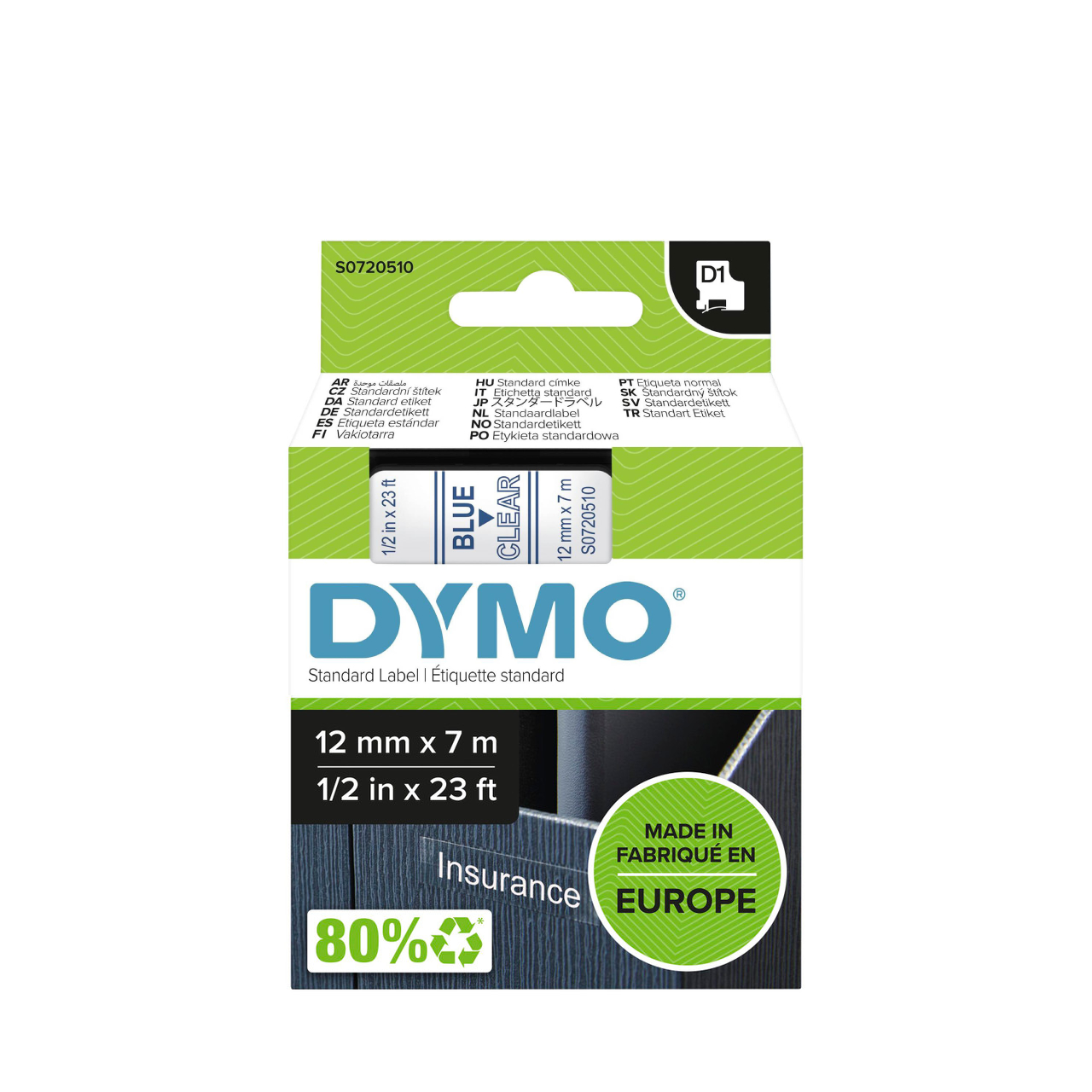 סרט D1 למכשירי תוויות DYMO – רוחב 12 מ"מ – כחול על גבי שקוף