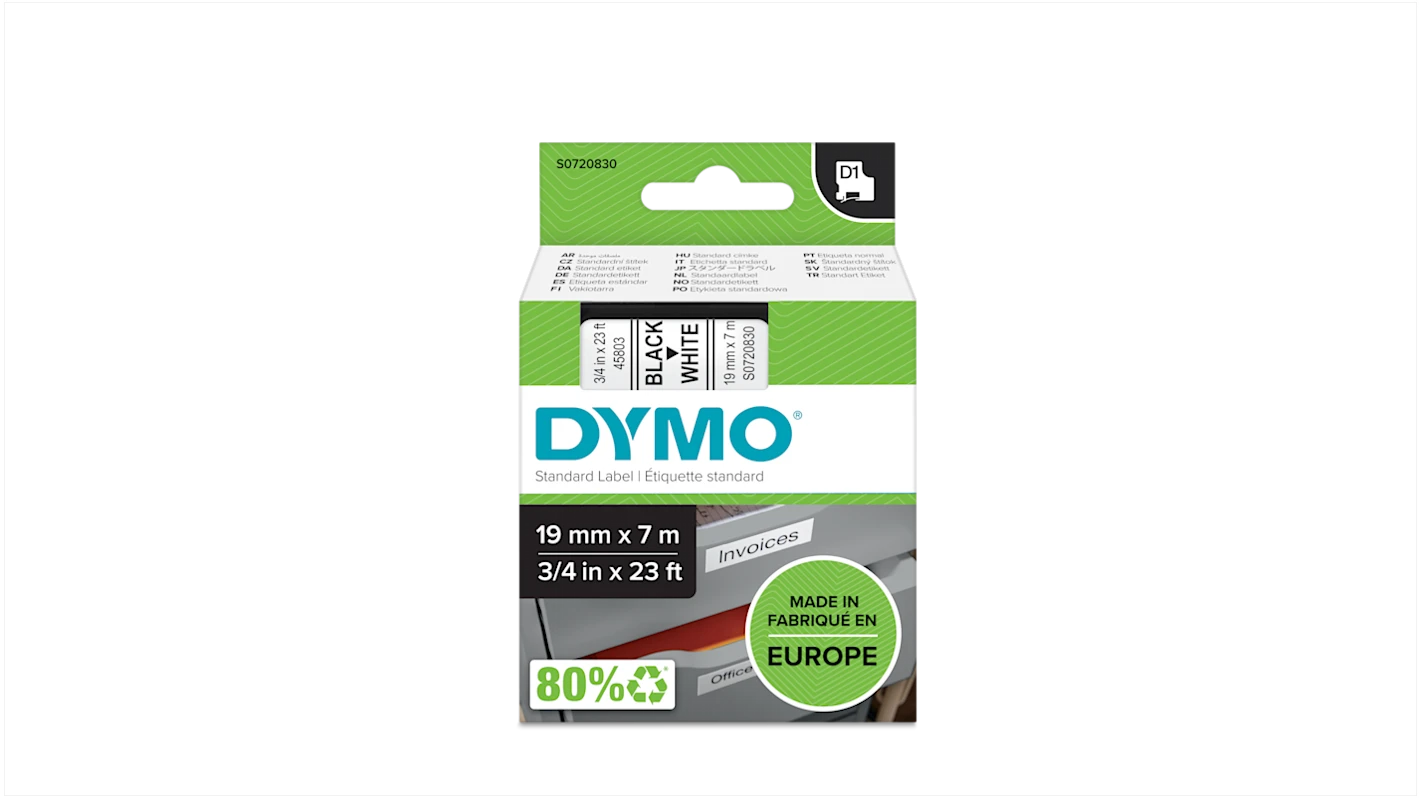 סרט D1 למכשירי תוויות DYMO – רוחב 19 מ"מ – שחור על גבי לבן