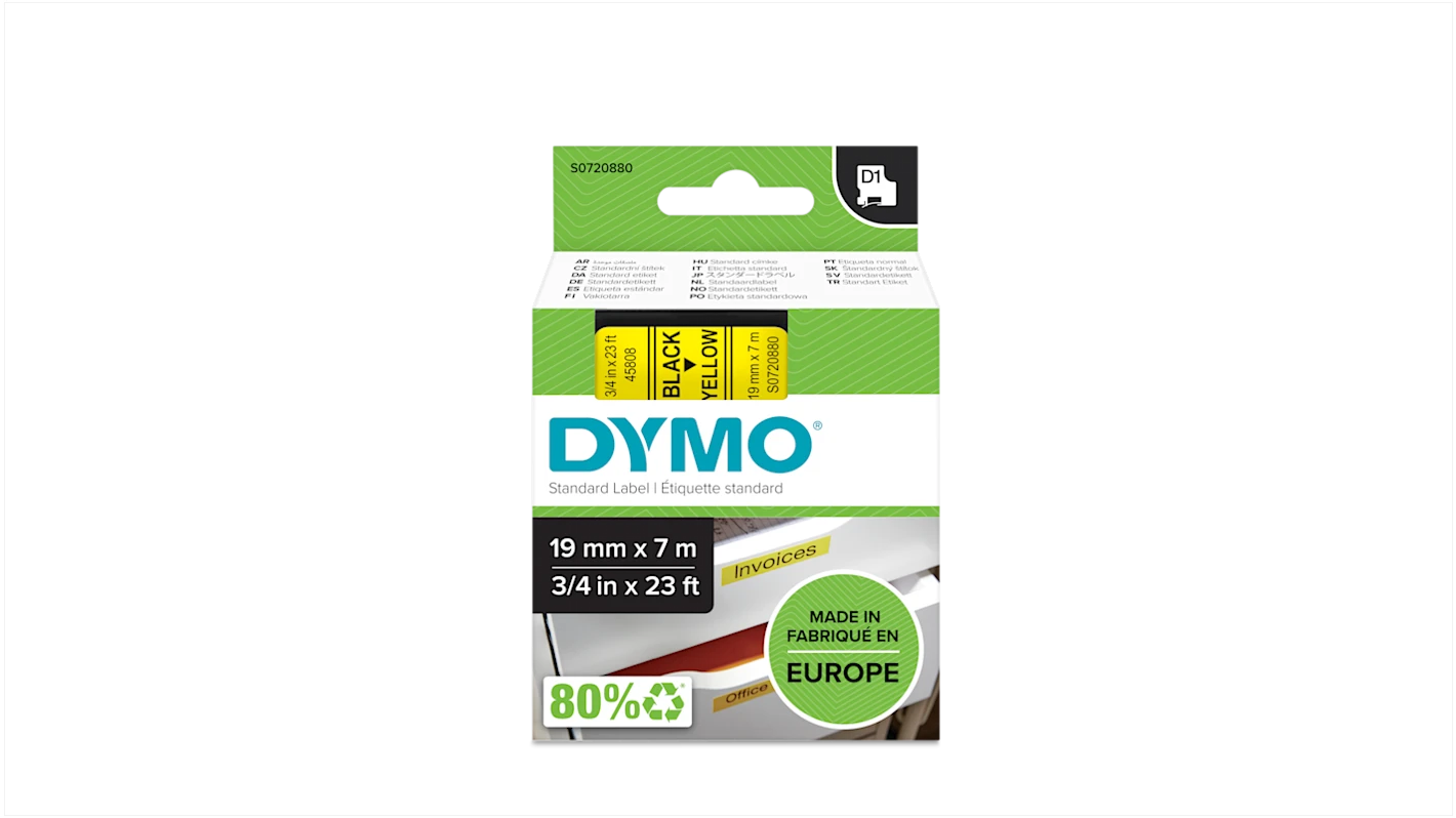 סרט D1 למכשירי תוויות DYMO – רוחב 19 מ"מ – שחור על גבי צהוב