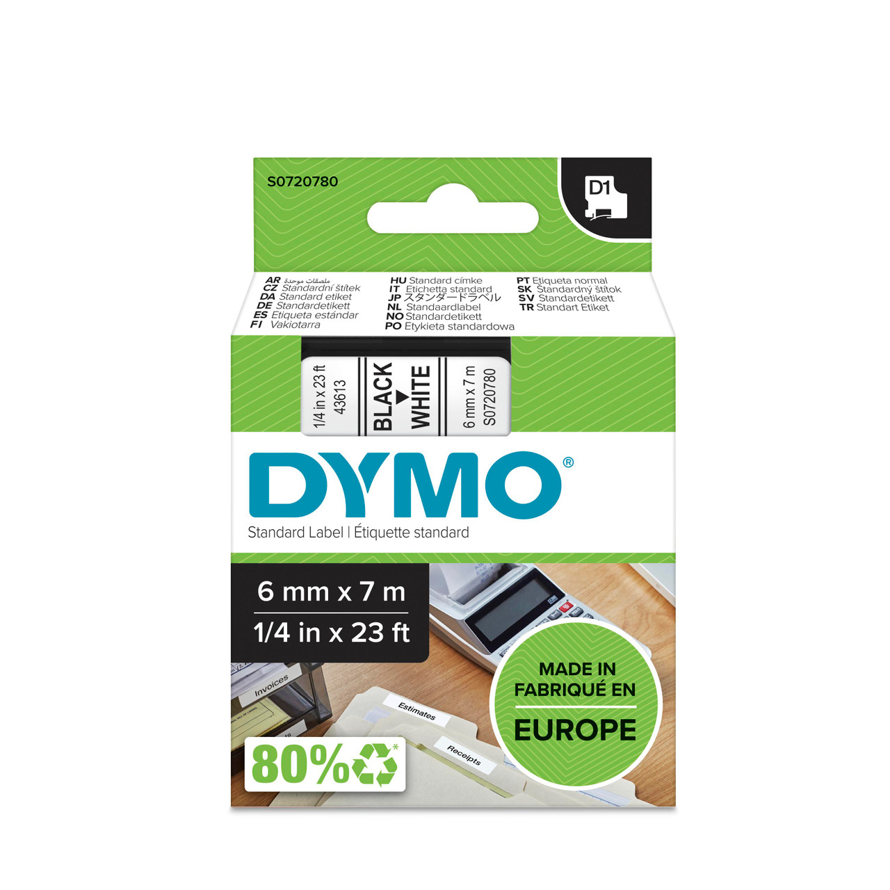 סרט D1 למכשירי תוויות DYMO – רוחב 6 מ"מ – שחור על גבי לבן