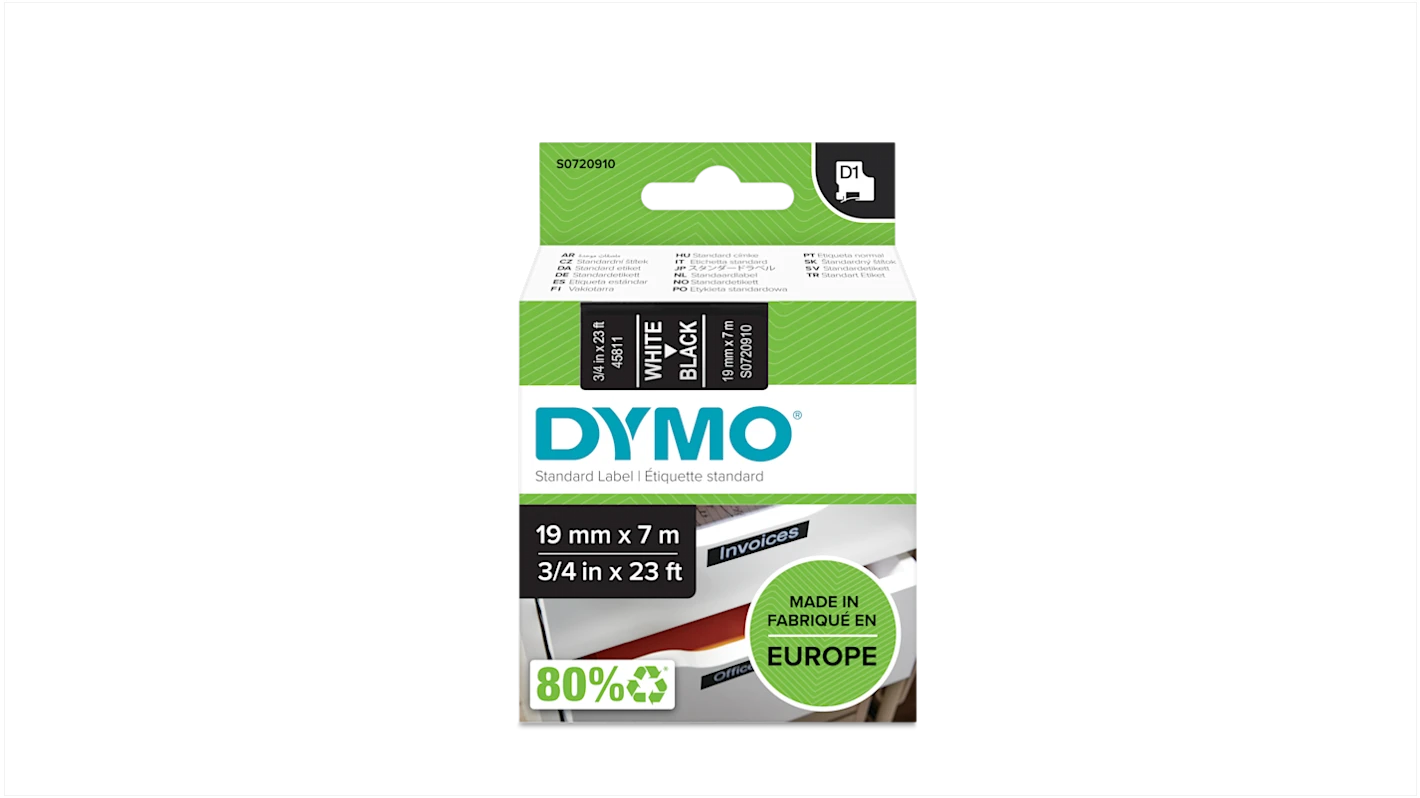 סרט D1 למכשירי תוויות DYMO – רוחב 19 מ"מ – לבן על גבי שחור